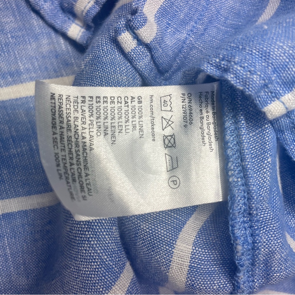 H&M 100% Linen Blue White Stripe Button Down Shirt Lightweight XS - Picture 6 of 8